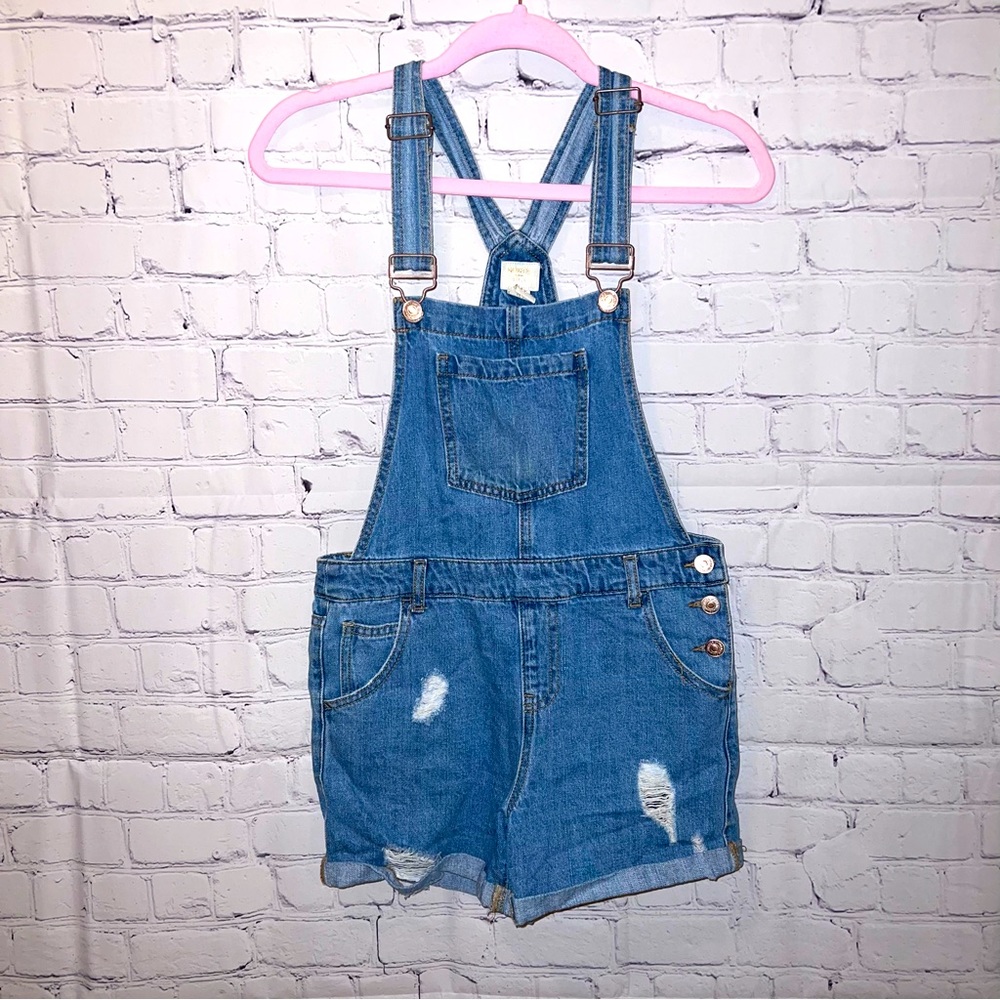 Forever 21 Girls Distressed Denim Overall Shorts 13/14